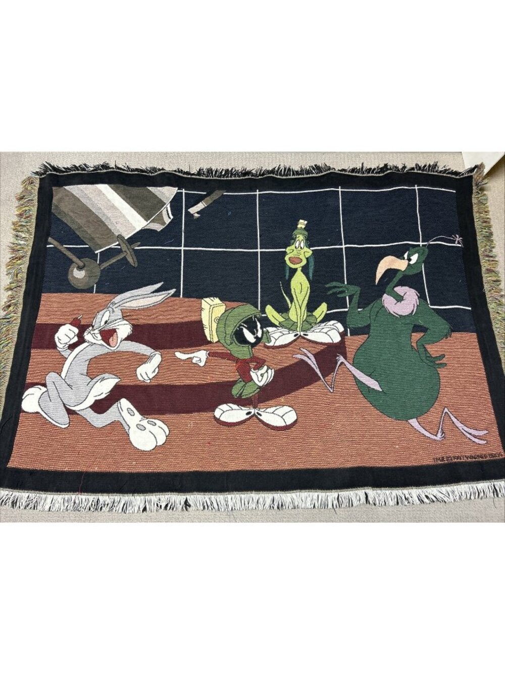 Vintage 1990's Looney Tunes Tapestry Blanket Marvin The Martian Bugs Bunny